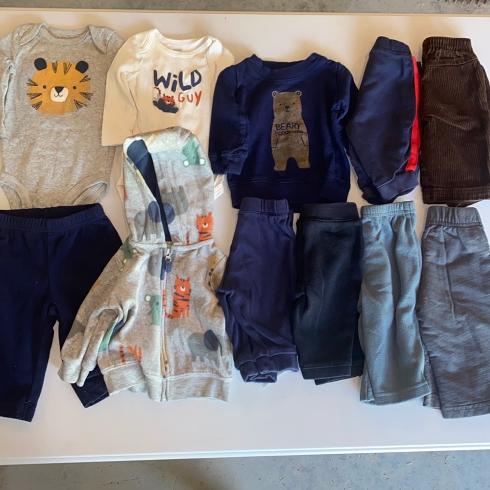 11 piece baby boy fall and winter bundle; 3 months; mostly pants; Carters brand